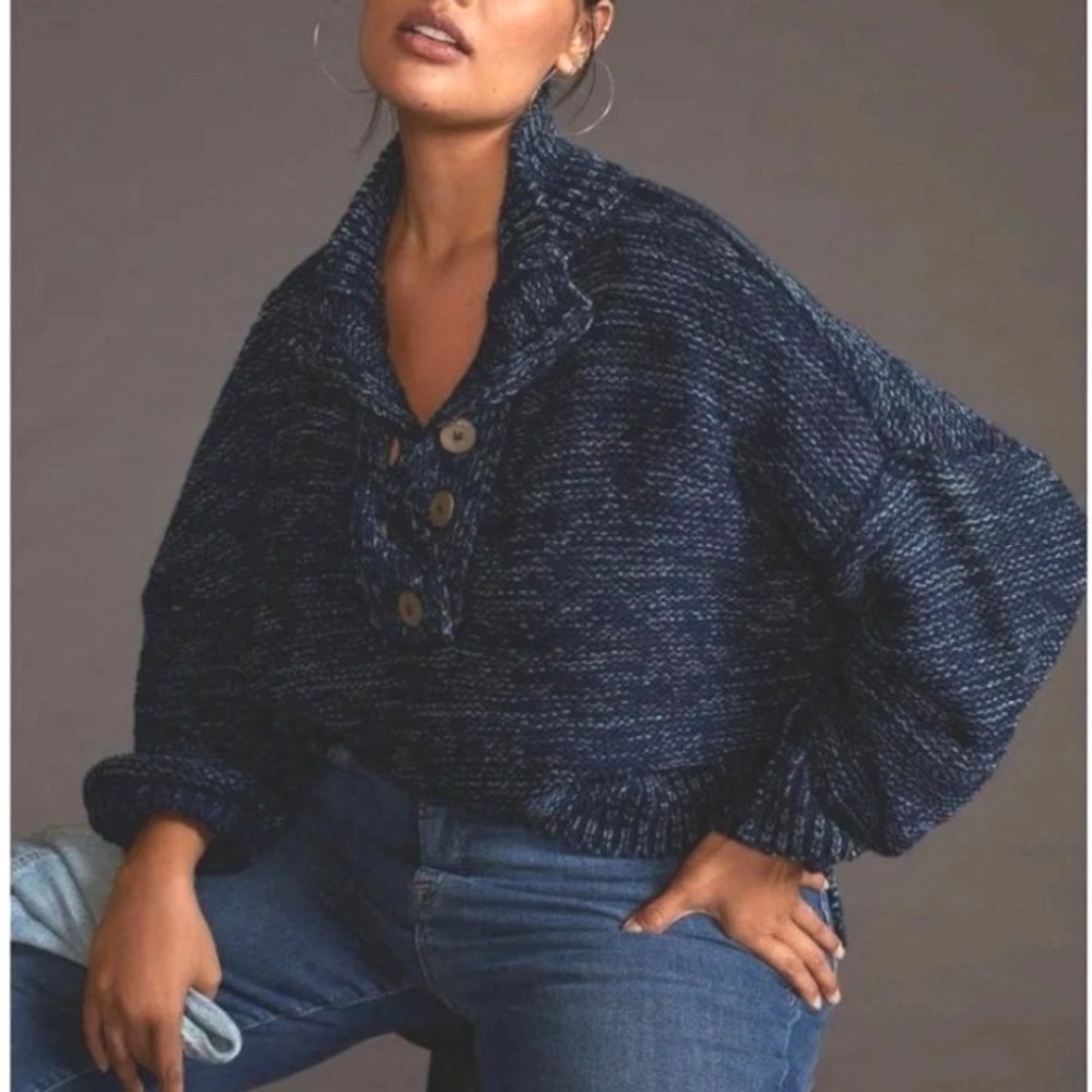 Pilcro Anthropologie Mega Henley Heavy Knit sweater Funnel Neck Navy Size 2X